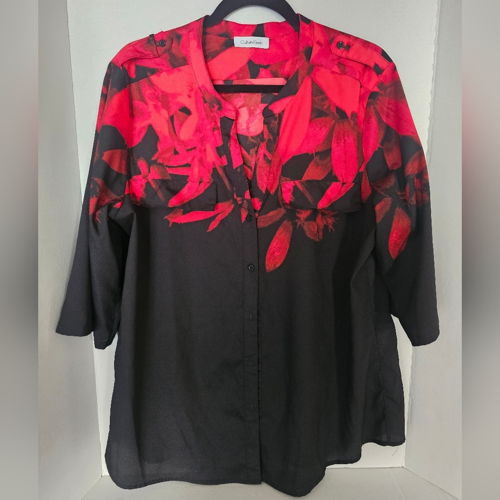 Calvin Klein Black & Red Floral Button Up Blouse